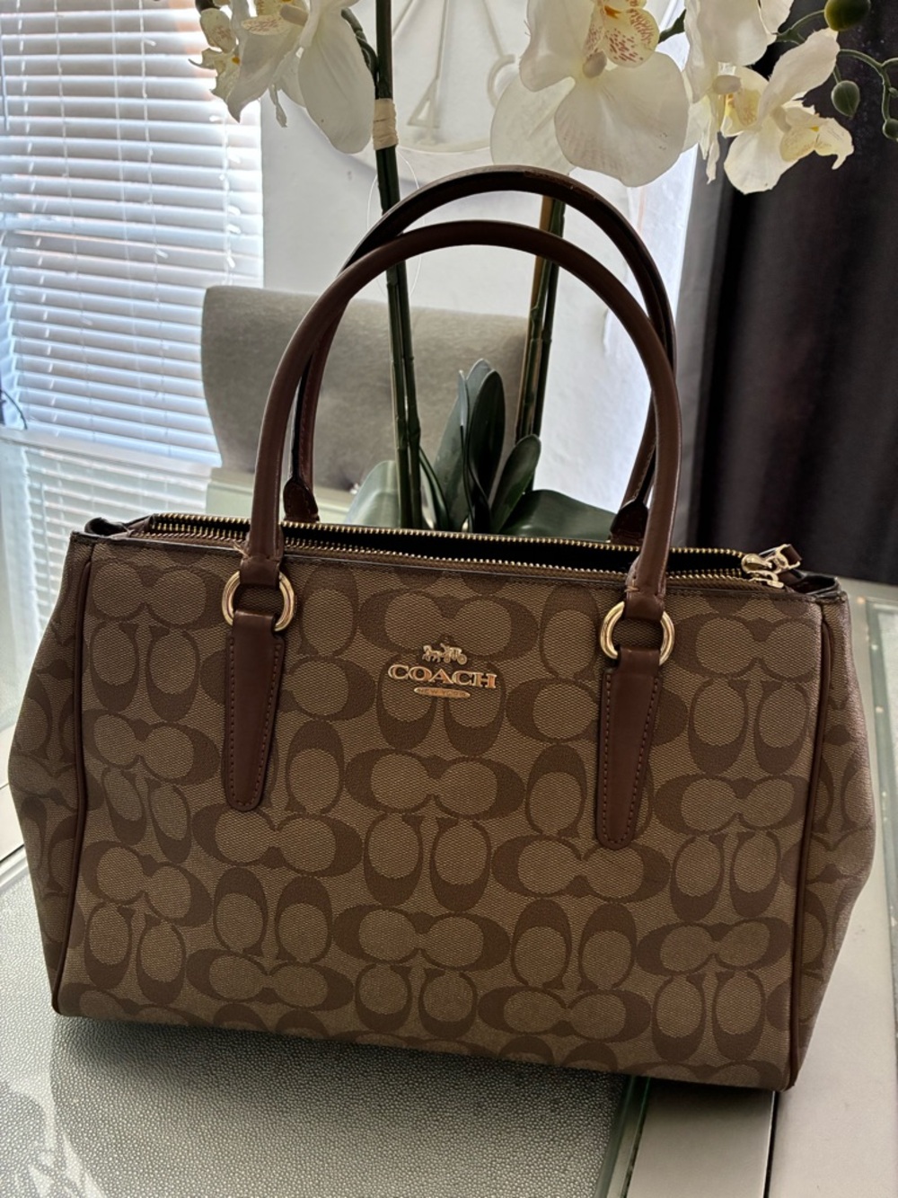 Coach Brown Signature Canvas Satchel with Dark Brown Leather and Gold Hardware